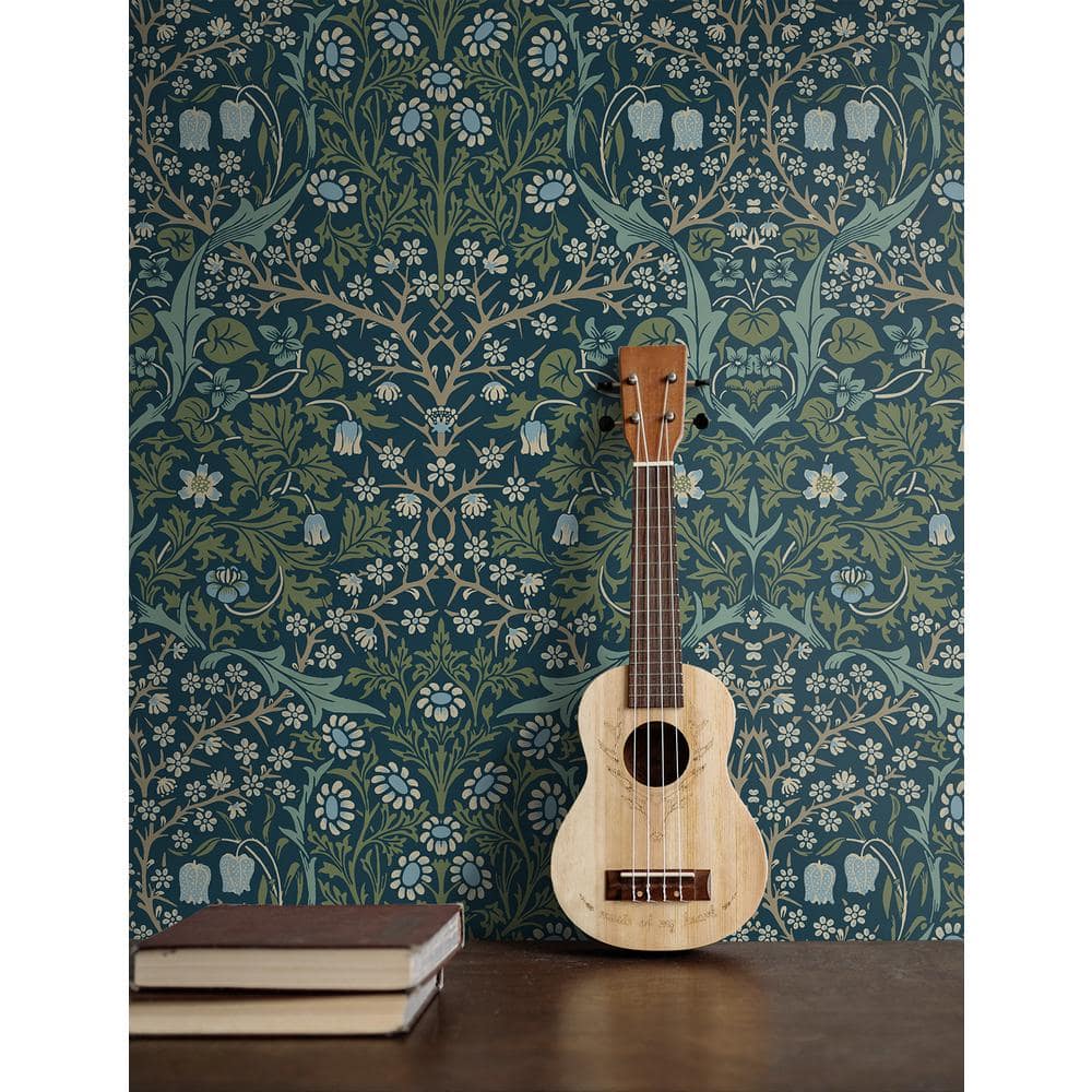 Prussian Blue and Moss Green Damask Peel and Stick Wallpaper