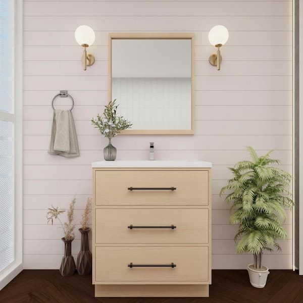 BV Better Vanity Victoria 30 in. W x 20 in. D x 35 in. H Single Sink Freestanding Bath Vanity in Yellow Oak with White Acrylic Top