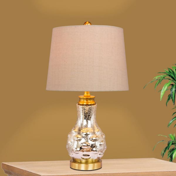 Fangio Lighting 22 5 In Bubbled Genie, Mercury Glass Bottle Base Table Lamp With Grey Linen Shade
