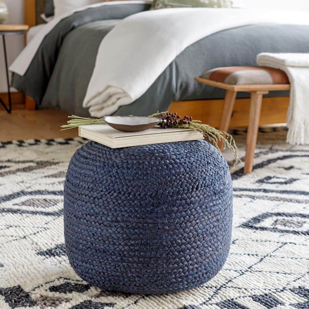 Surya Tropics Dark Blue Woven Jute Round Pouf Ottoman