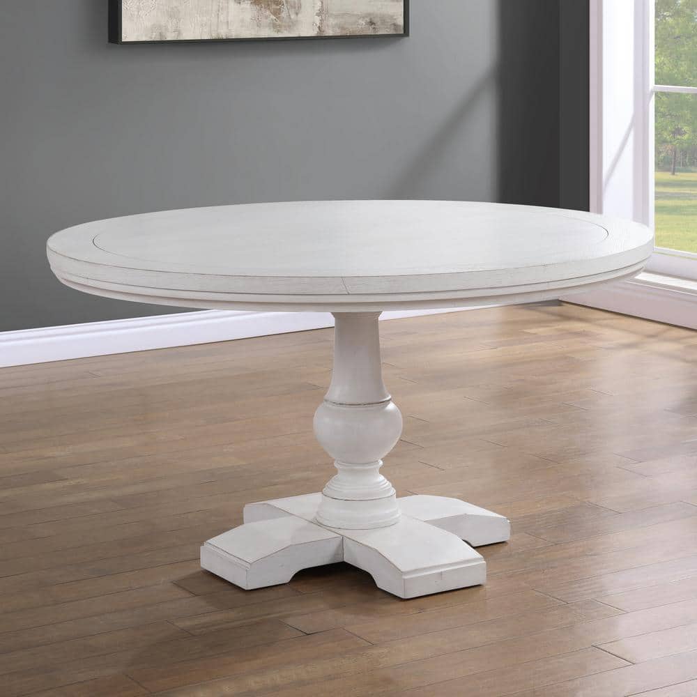 Antique White 54" Round Pedestal Dining Set with Upholstered Chairs