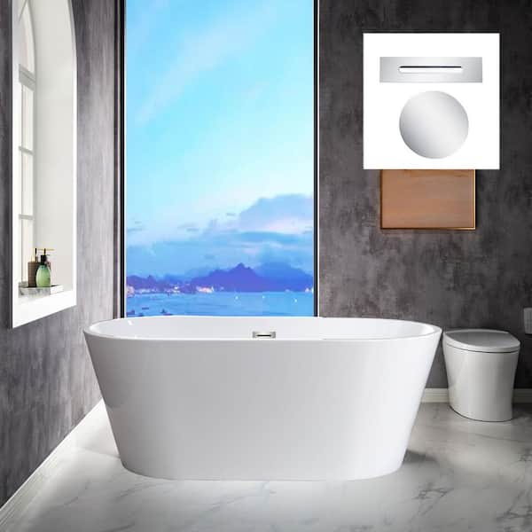 WOODBRIDGE 59 in. Acrylic FlatBottom Double Ended Bathtub with Polished Chrome Overflow and Drain Included in White