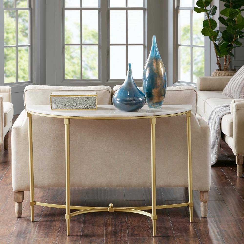 Elegant Bordeaux Demilune Console with White Marble Top and Gold Legs