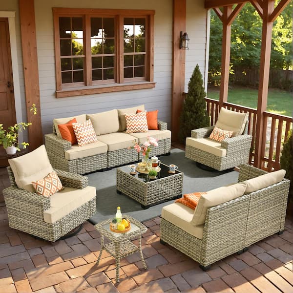 Kelleys 9-Piece Wicker Outdoor Patio Conversation Sofa Sectional Furniture Set with Swivel Chairs and Beige Cushions