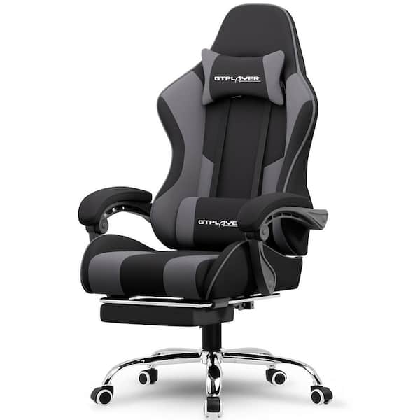 Gaming Chair Fabric w/ Pocket Spring Cushion Ergonomic Computer Chair w/Headrest,Footrest,Lumbar Support,Black and White