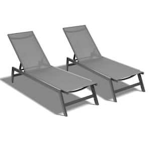 Outdoor Metal Chaise Lounge Chairs, Five-Position Adjustable Recliner, All Weather, Grey Frame/Dark Grey Fabric 2-Pack