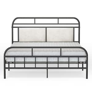 62 in. W Black Metal Platform Bed Queen Size Bed Frame with Upholstered Rounded Corners Headboard, No Box Spring Needed