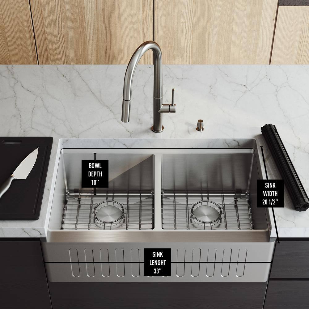 Oxford 33" Stainless Steel Double Bowl Farmhouse Kitchen Sink with Accessories
