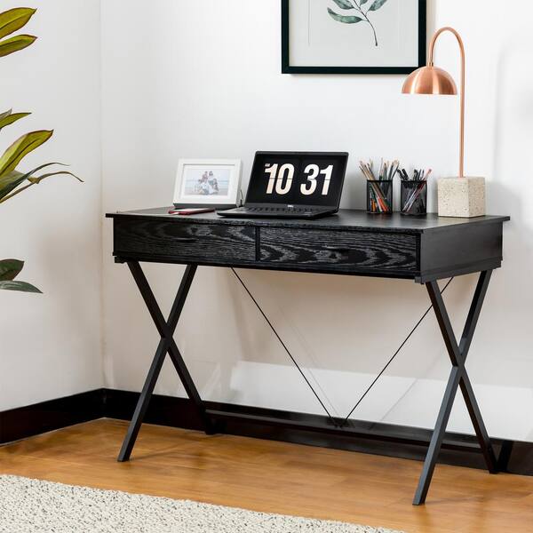 Glitzhome 43.25 in. W Black Modern Industry Metal/Wooden Writing Desk With 1 Outlets and 2 USB Charging Ports- Oak Melamine