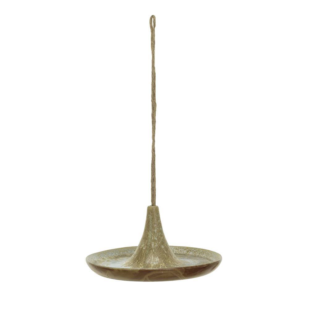 Tan Reactive Glaze Ceramic Hanging Bird Feeder with Jute Hanger