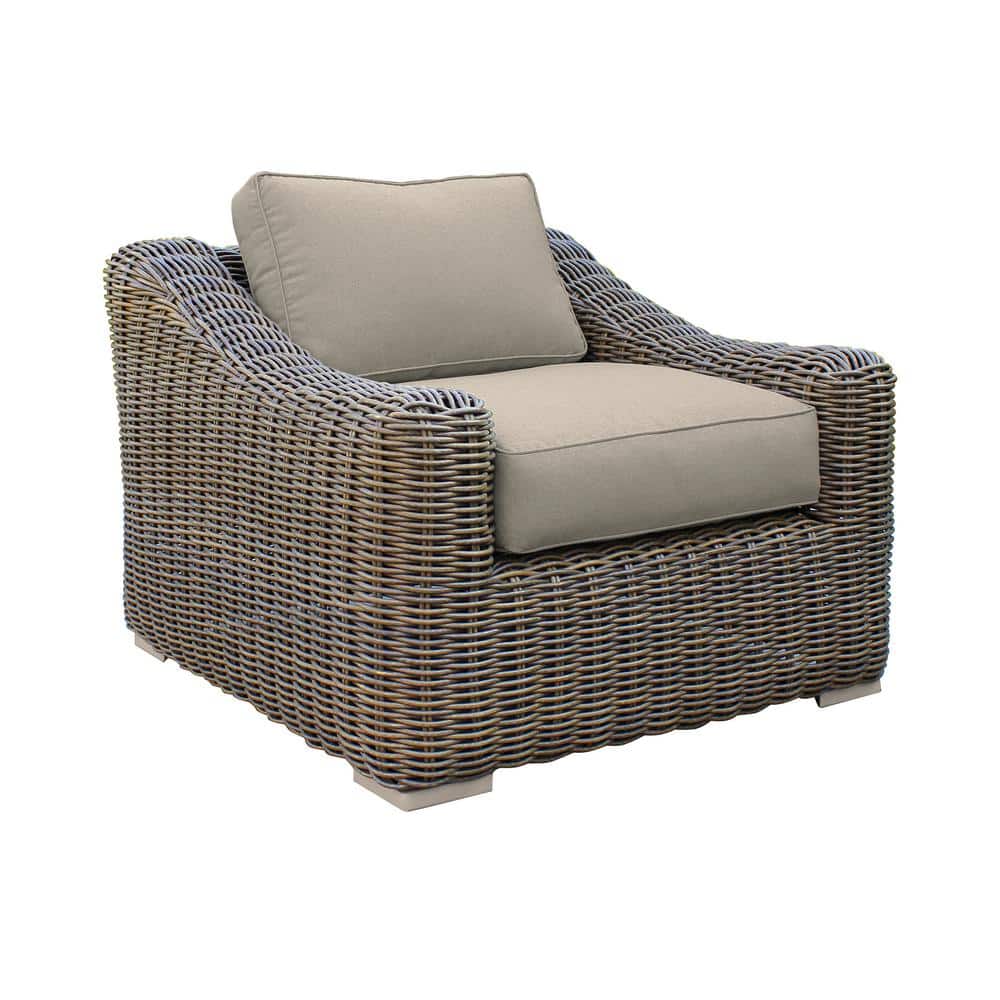 Verano Brown Wicker and Wood Outdoor Lounge Chair with Taupe Cushion