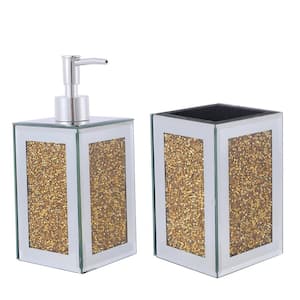 3.25 in. Exquisite Gold 2 Piece Square Soap Dispenser and Toothbrush Holder