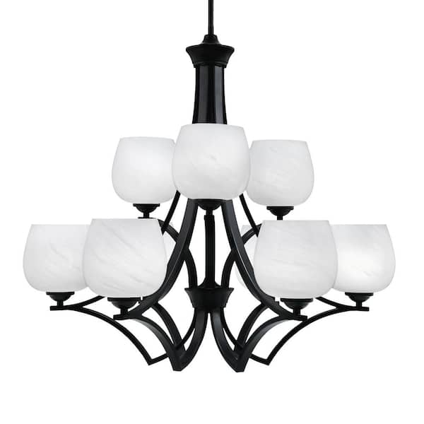 Unbranded Clevelend 9-Light Matte Black Chandelier, Round Chandelier with 6 in. White Marble Glass Shades, No bulbs included