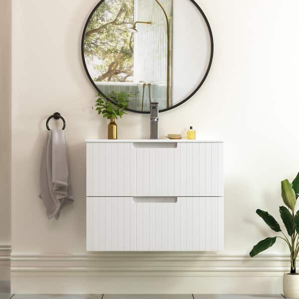 FUNKOL 18.25 in. W x 24 in. D x 19.25 in. H 1 Sink Wall Mounted Bath Vanity in White with White Ceramic Top and 2 Drawers