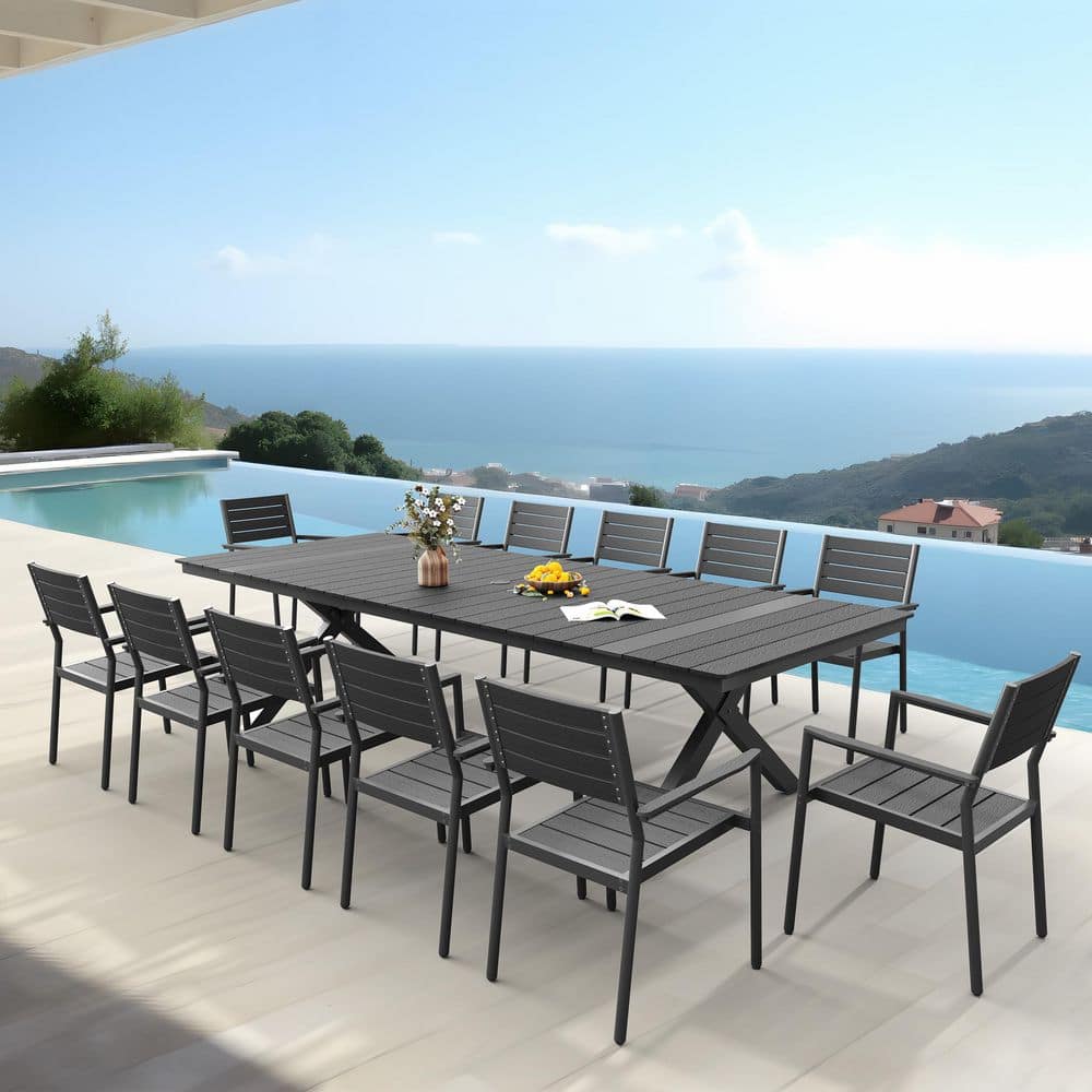 13-Piece Outdoor Dining Set in Black Outdoor Aluminum Table with Umbrella Hole and 12-Stackable Chairs Patio Furniture price history on PriceWatchPro