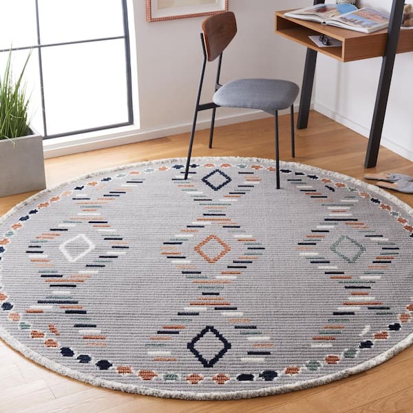 Marrakesh Gray/Blue Rust 7 ft. x 7 ft. Round Geometric Striped Area Rug