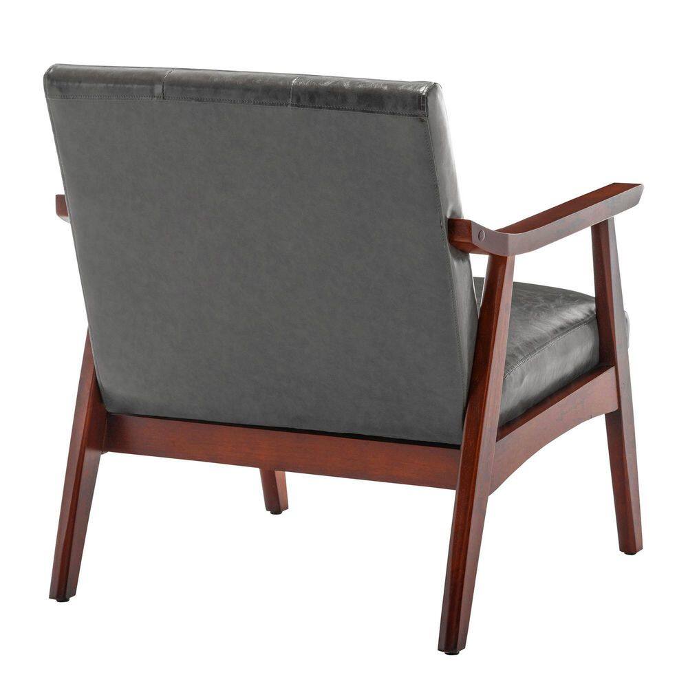 Espresso-Finished Gray Faux Leather Mid-Century Modern Accent Chair