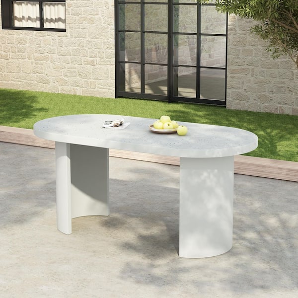 Downey Modern 67.5 in. Terrazzo White Concrete Outdoor Patio Dining Table with Curved Legs