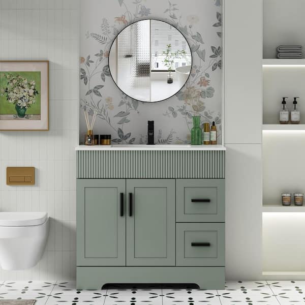 36 in. W. x 18 in. D x 34 in. H Single Sink Freestanding Bath Vanity in Green White Ceramic Top and Drain Faucet Set