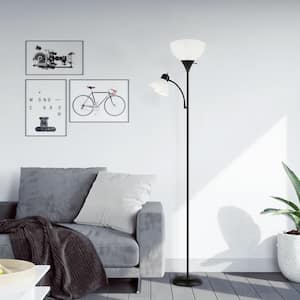 71 in. Black 2-Light Torchiere Floor Lamp with 2 White Acrylic Dome Shades