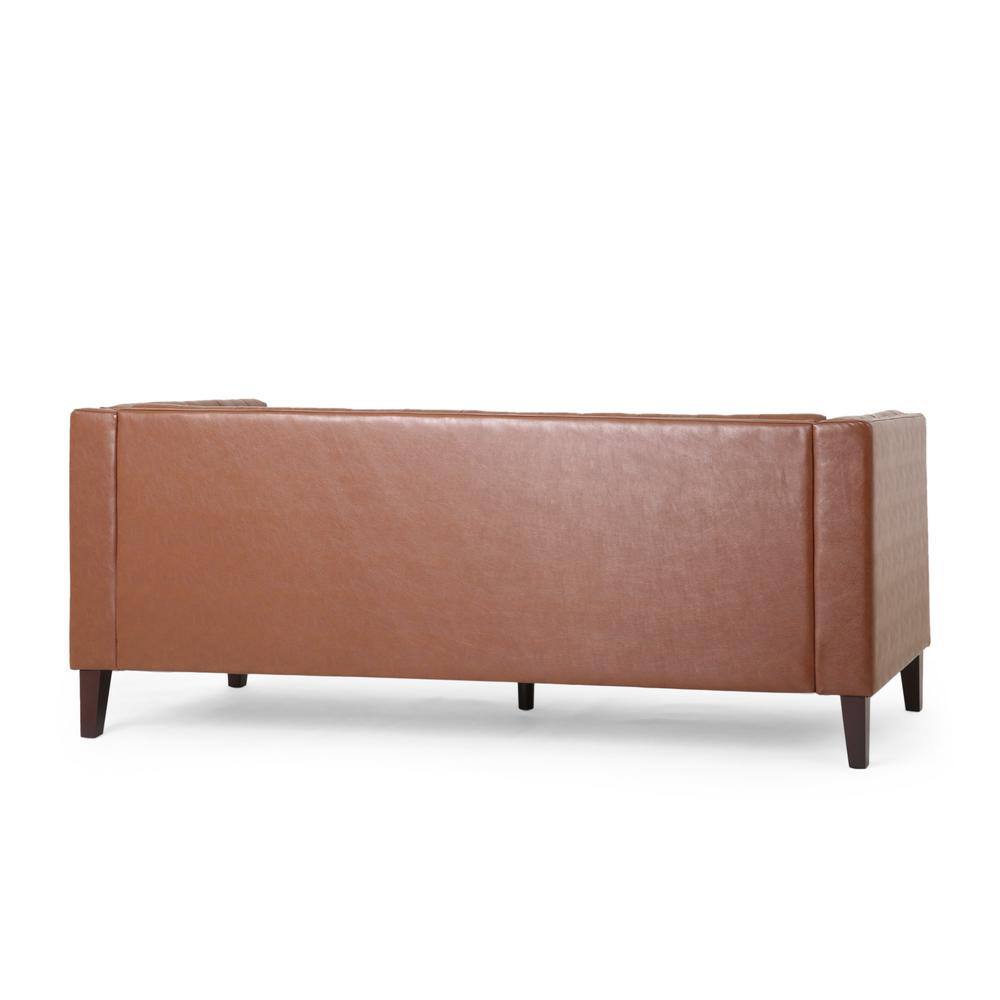 Cognac Brown Faux Leather Tufted Tuxedo Sofa with Wood Accents