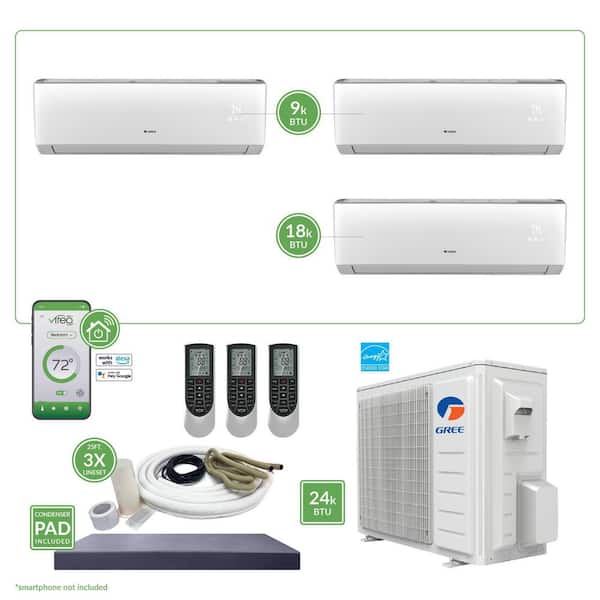 GREE Gen3 Smart Home Triple-Zone 24,000 BTU 2 Ton Ductless Mini Split Air Conditioner & Heat Pump 25 ft. Install Kit 230V