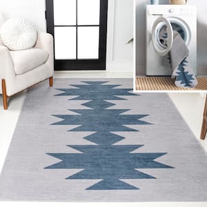 Chayton Minimalist Geometric Machine-Washable Gray/Blue 3 ft. x 5 ft. Area Rug