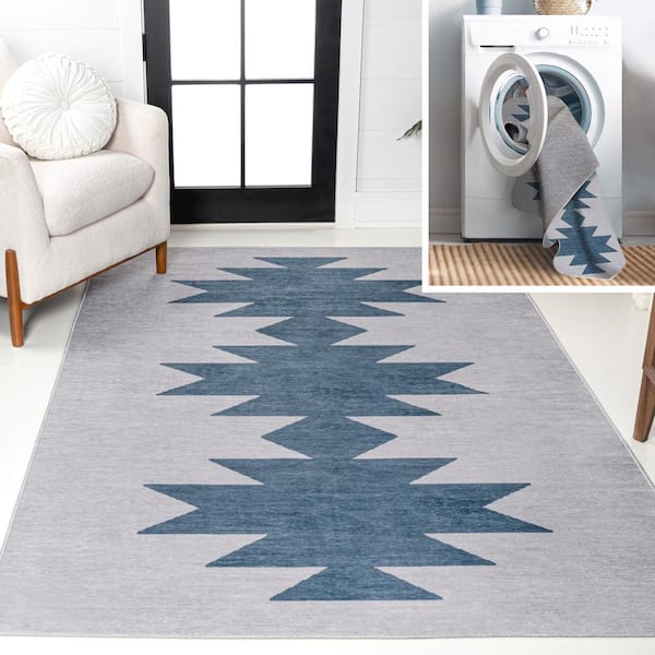 Chayton Minimalist Geometric Machine-Washable Gray/Blue 8 ft. x 10 ft. Area Rug