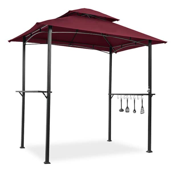 Unbranded 8 ft. x 5 ft. Burgundy Grill Gazebo Shelter Tent, Double Tier Soft Top Canopy and Steel Frame with Hook and Bar Counters