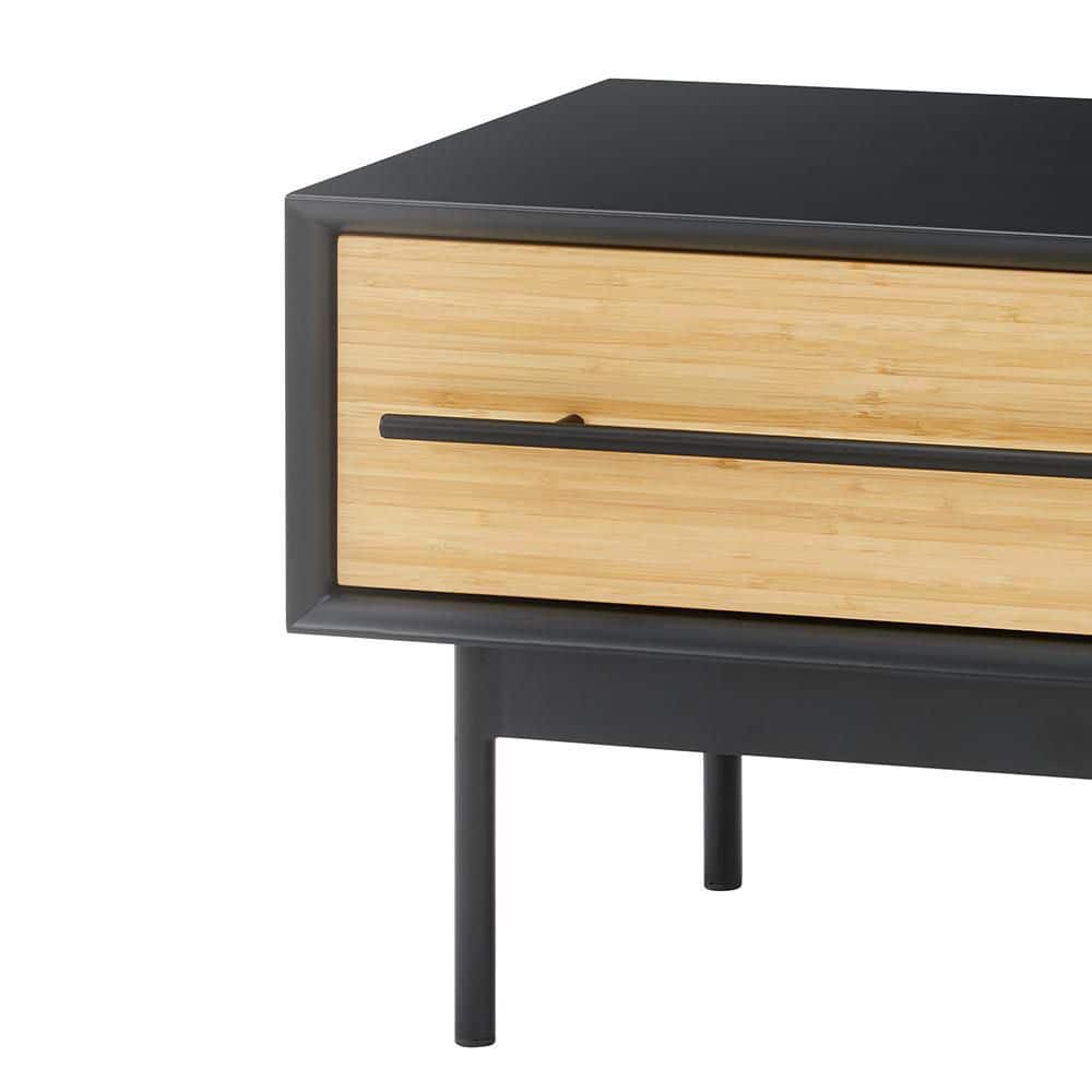 Black and Natural Bamboo 1-Drawer Nightstand with Metal Handle