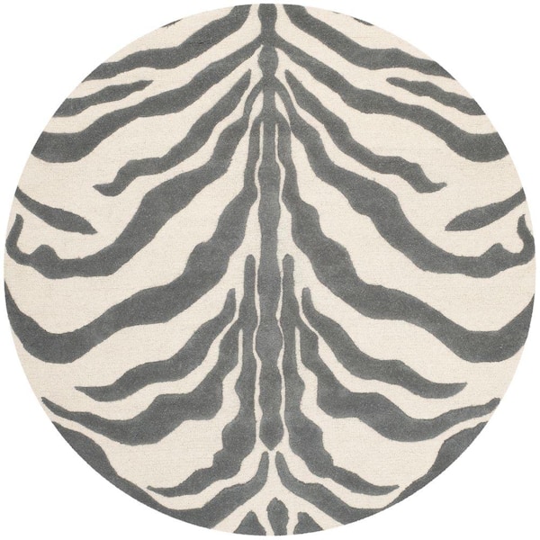 SAFAVIEH Cambridge Ivory/Dark Gray 6 ft. x 6 ft. Round Animal Print Area Rug