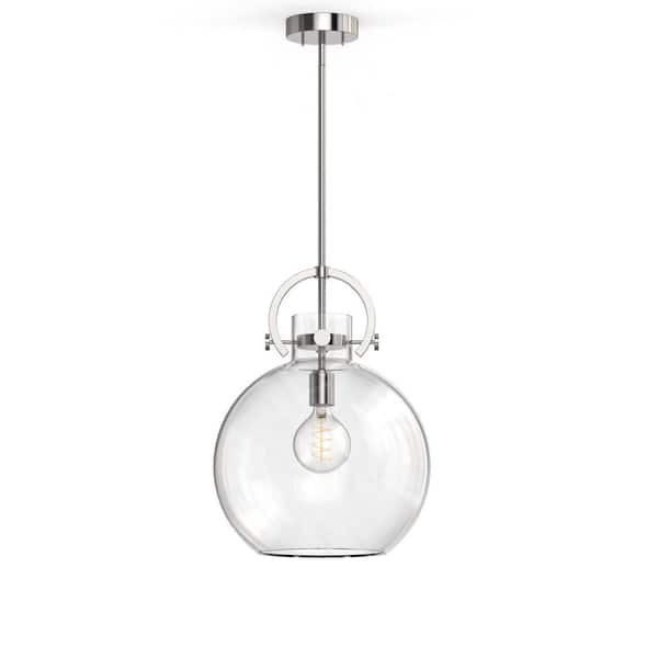 Emeritpro 14in. 1-Light Nickel Round Pendant Light, Modern Hanging Light Fixture with Clear Globe Shade E26 for Kitchen Island