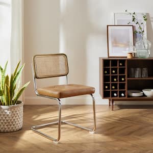 SIASY Brown Faux Leather Accent Cane Side Chair with Woven Rattan Oak Wood Backrest and Chromed Metal Frame (Set of 2)