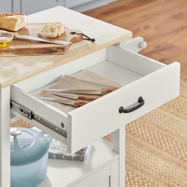 Rockford Small White Rolling Kitchen Cart with Butcher Block Top and Cabinet Storage (29" W)