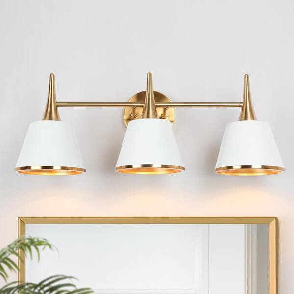 LNC Crisanta Modern Minimalist 22.5 in. 3-Light Brass Gold Vanity Light Metal Wall Sconce with Taper Drum Matte White Shade