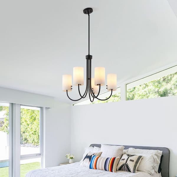 5-Light Painted Black Outdoor Chandelier with White Ribbed Glass Shades