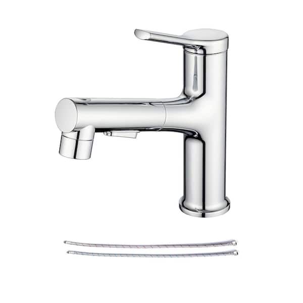 RAINLEX Pull Out Single Handle Single Hose Bathroom Faucet with Deckplate and Supply Line Included in Chrome
