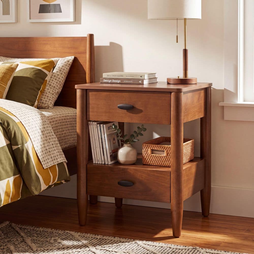 Mid-Century Modern Walnut Finish 2-Drawer 20.08 in. W Nightstand with Open Shelf price history on PriceWatchPro