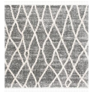 Berber Fringe Shag Gray/Cream 7 ft. x 7 ft. Square Diamond Geometric Abstract Area Rug