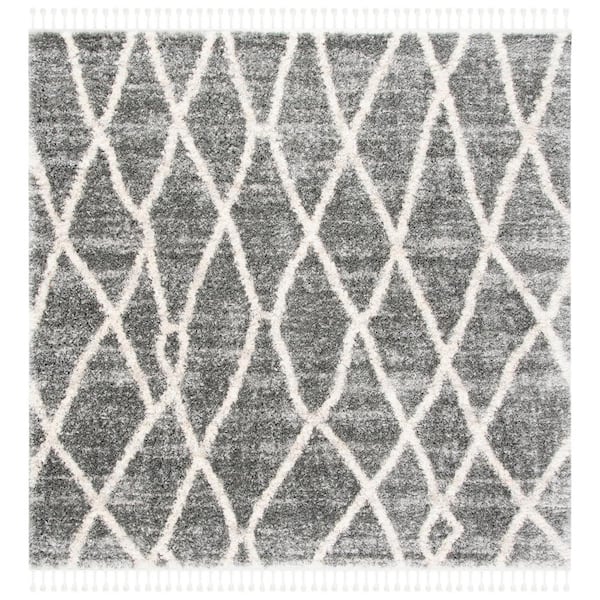 SAFAVIEH Berber Fringe Shag Gray/Cream 7 ft. x 7 ft. Square Diamond Geometric Abstract Area Rug