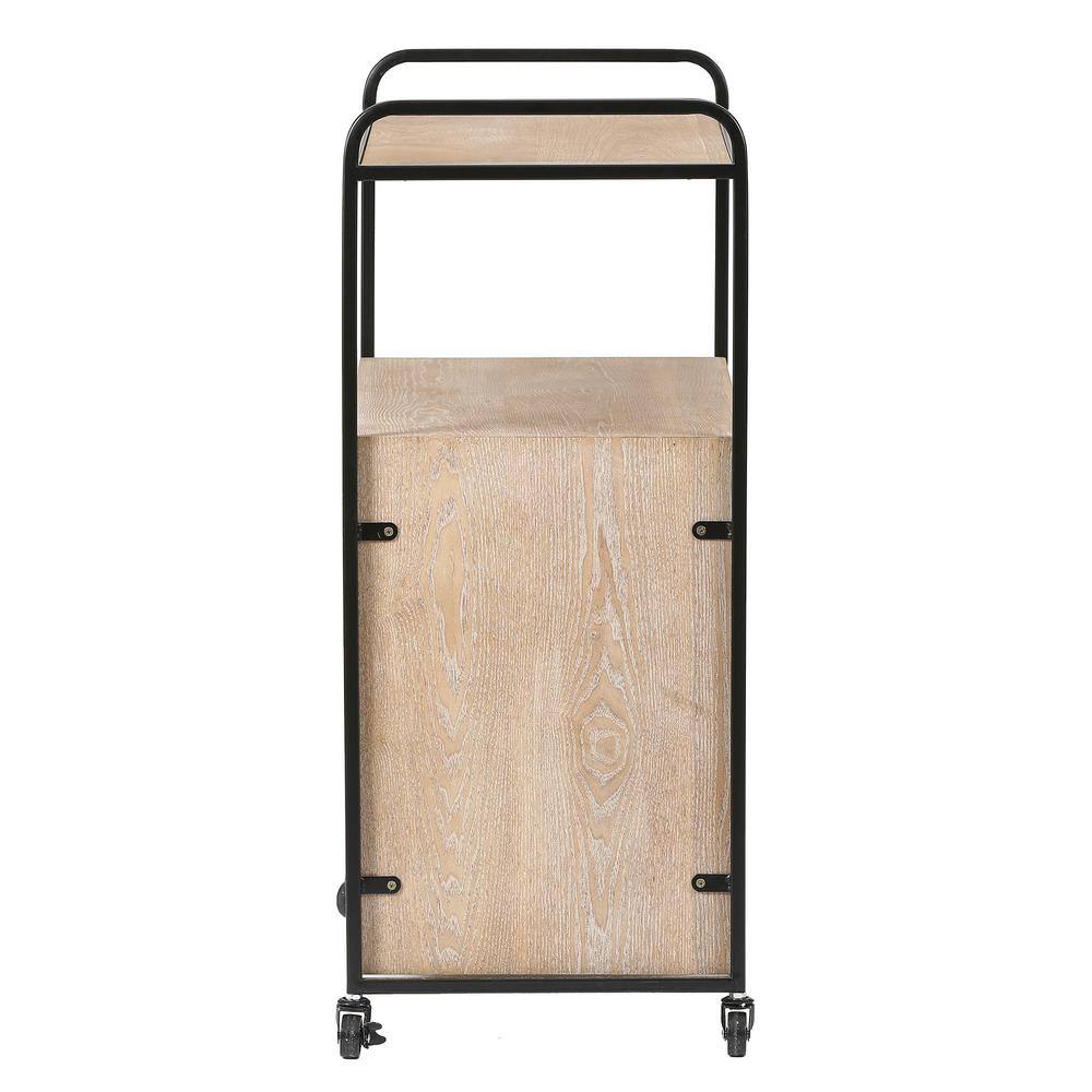 Natural Wood and Rattan Mobile Storage Cart with Wheels