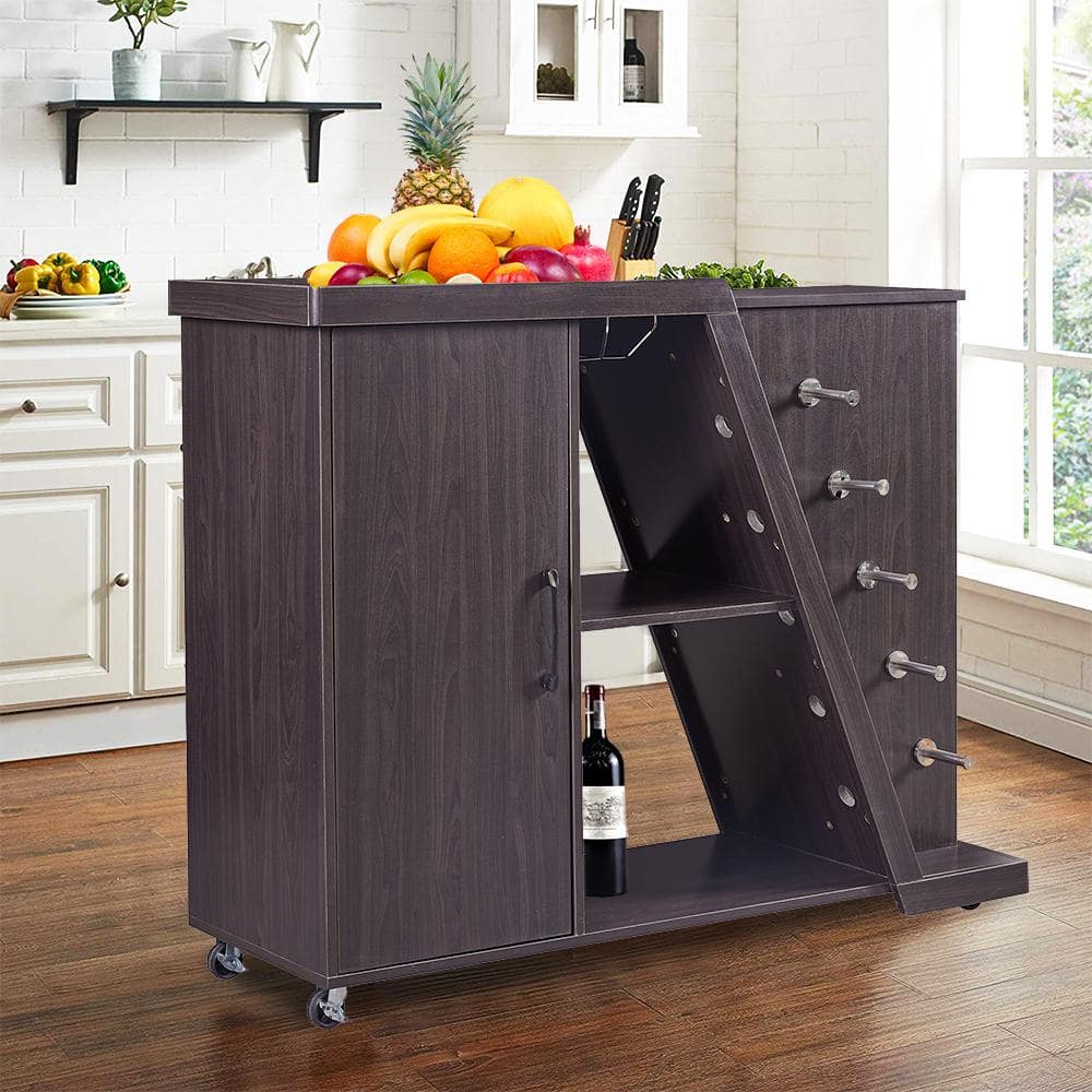 Espresso Wood 49.2 in. Kitchen Island Cart on Wheels with Adjustable Shelf 