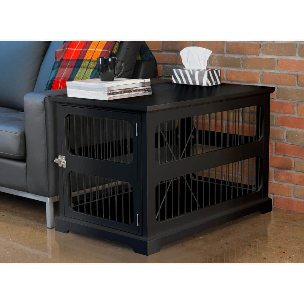Black Hardwood and Metal Pet Crate End Table