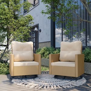 2-Piece Wicker Outdoor Rocking Chair Patio Swivel Chair with Beige Cushions