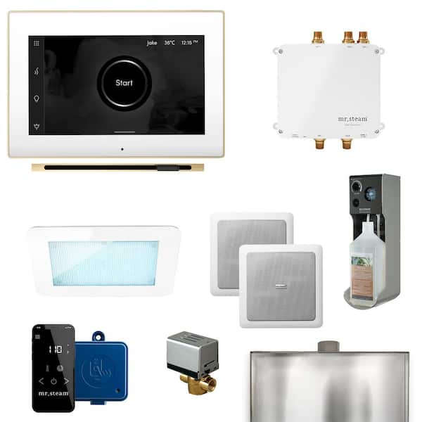 Mr. Steam Bliss Linear Programmable Steam Generator Control Kit with iSteamX Control and Linear Steamhead in White Polished Brass
