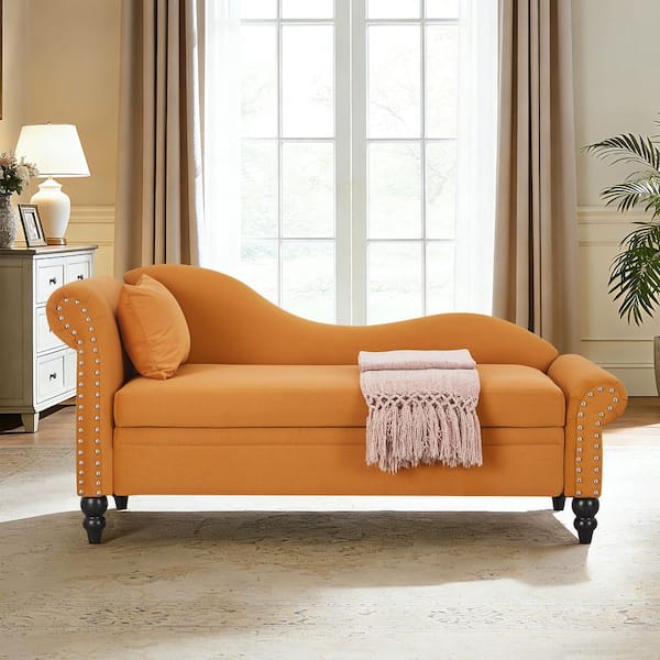 Syvo French Earthy Yellow Velvet Upholstered Left Rolled Armrest Storage Chaise Lounge with Nails Decoration Plus Pillow