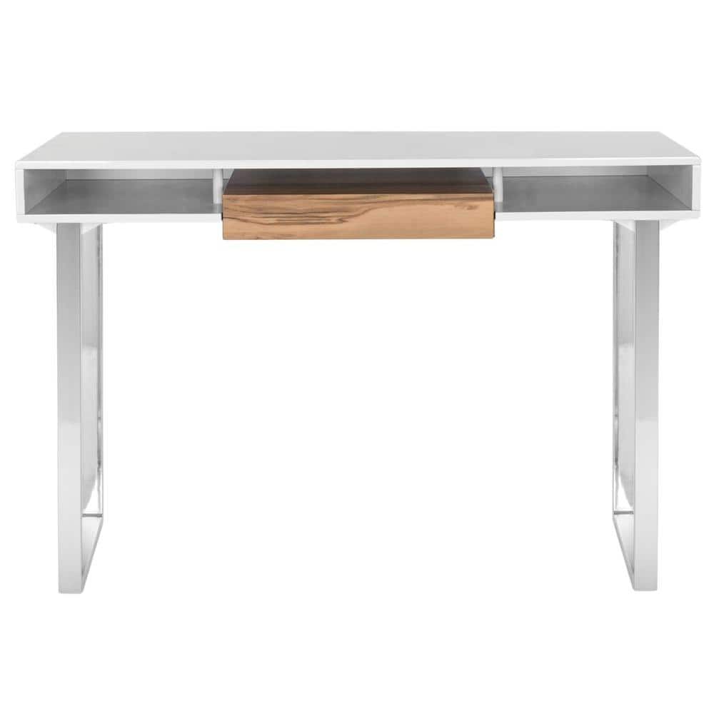 White and Natural Wood Modern Writing Desk with Drawer