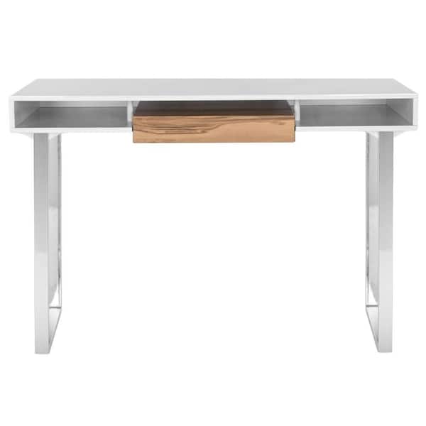 SAFAVIEH Metropolitan 48 in. 1-Drawer Brown/White/Chrome Writing Desk