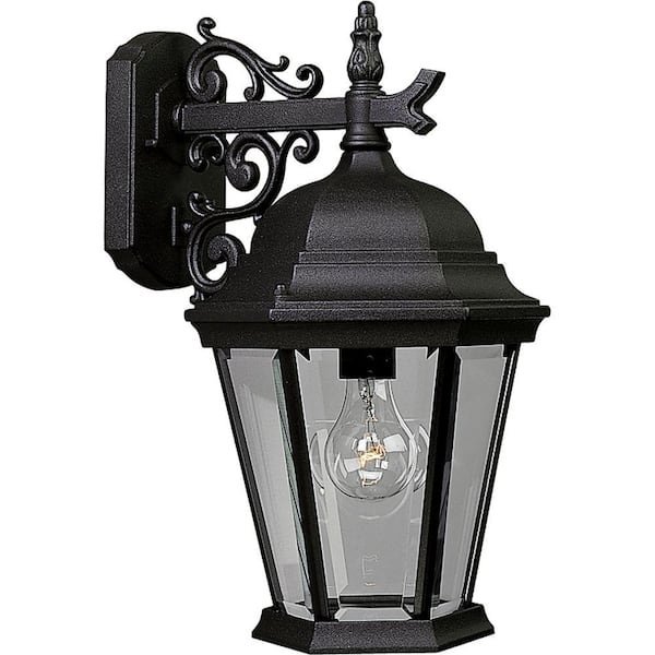 Progress Lighting Welbourne Collection 1-Light Textured Black Clear Beveled Glass Traditional Outdoor Medium Wall Lantern Light
