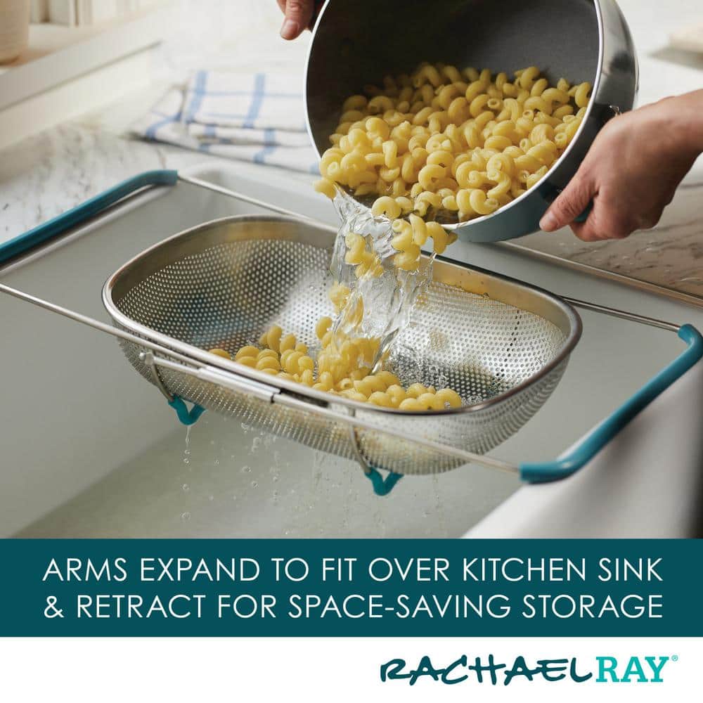 Stainless Steel Over-the-Sink Colander with Blue Handles